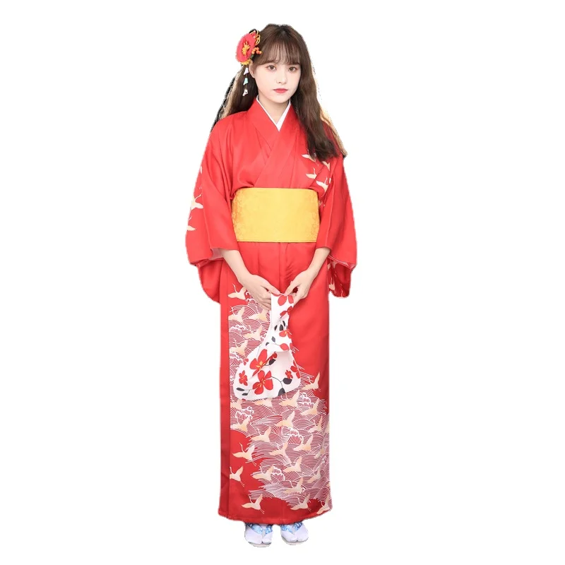 Japanese Clothes Red Traditional Kimono Women with Obi Belts Knot-bow Crane Pattern Robe Geisha Japonaise