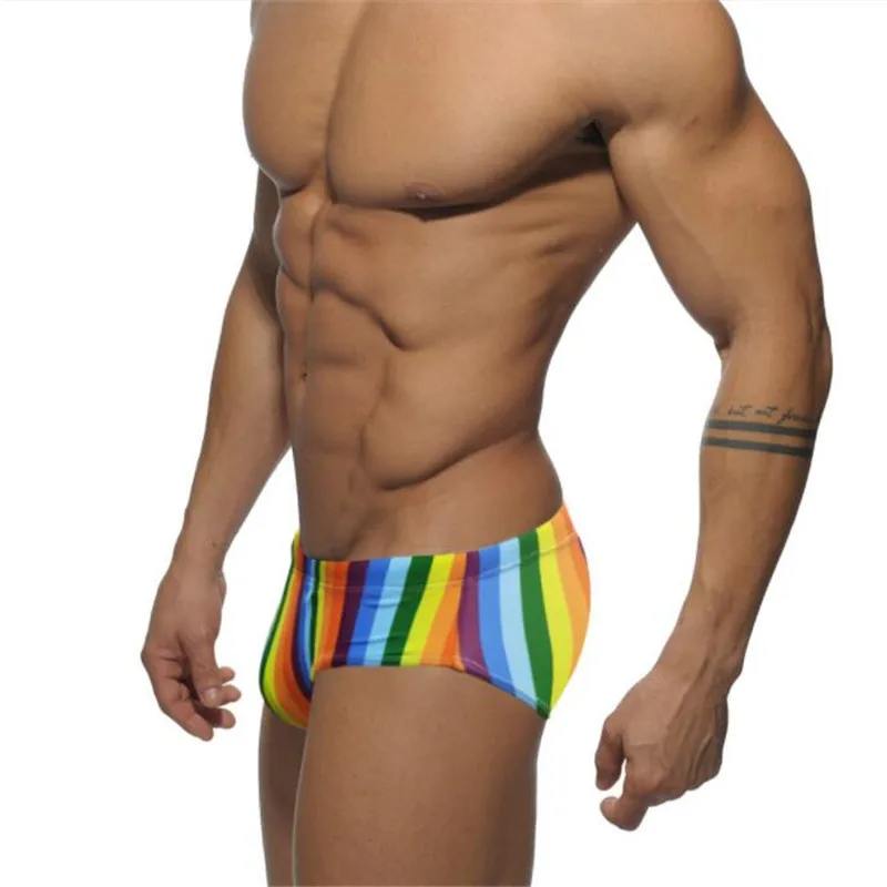 Mens Swimsuit Summer Sexy Swimwear Rainbow Fashion Briefs Low Waist Beach Surf Board Shorts Push Pad Swim Trunks Bathing Suits