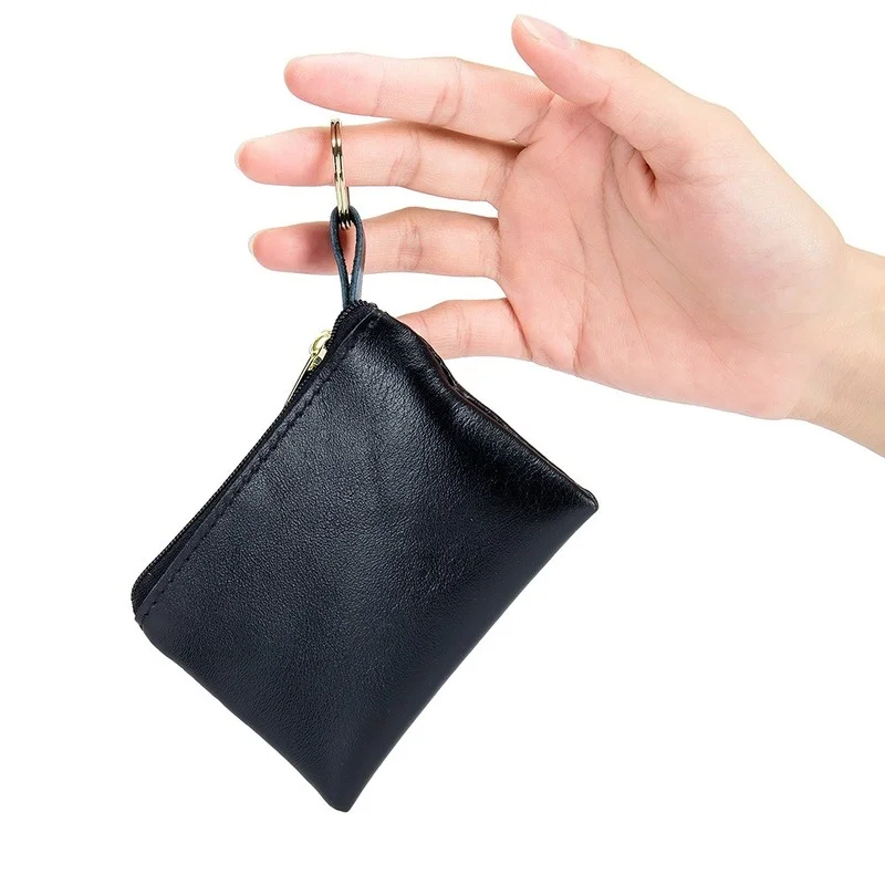 Bolsa de moedas de couro genuíno para homens ultra fino zíper mini bolso mudança carteira bolsa feminina com chaveiro anel bolsas por atacado