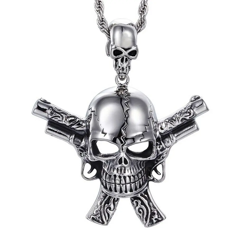 

Fashion Gothic Men's Necklace Stainless Steel Punk Skull Head Gun Pendant Rope Chain Necklaces 24inch