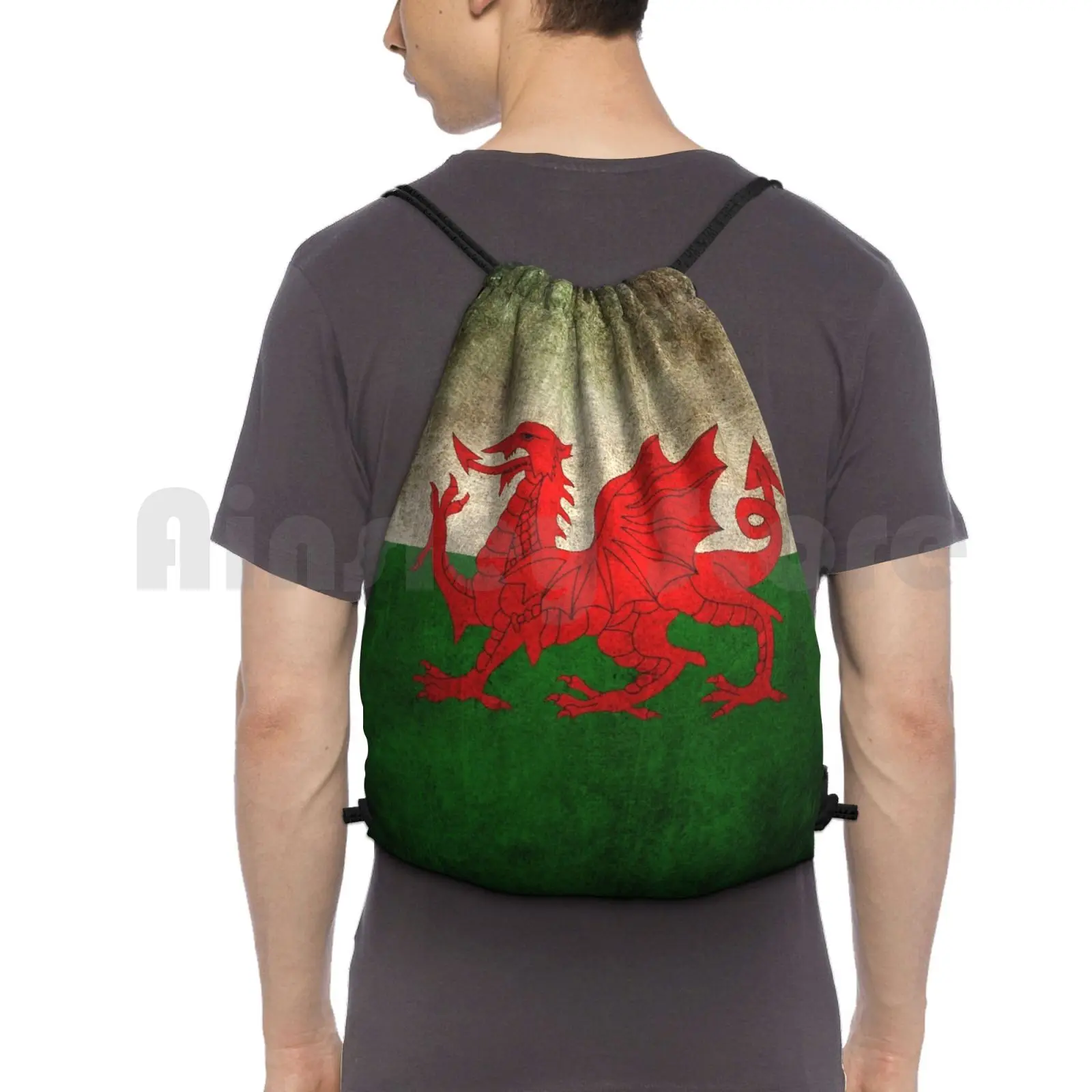 Old And Worn Distressed Vintage Flag Of Wales Backpack Drawstring Bags Gym Bag Waterproof Vintage Welsh Flag Old Welsh