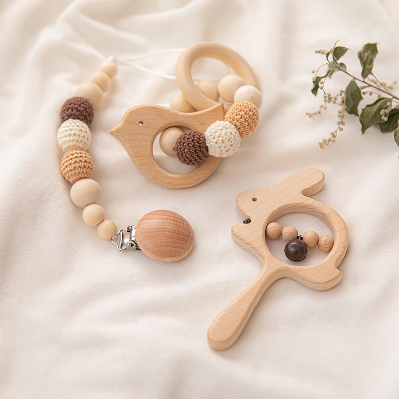 1 Set Baby Rattle Toys Lion Rabbit Hand Teething Rattle Musical Montessori Stroller Toy Wooden Educational Toys Gifts