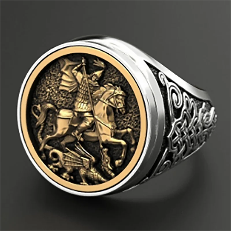 Punkboy Unique Men\'s Domineering Knight Horse Dragon Craved Geometric Pattern Metal Ring for Party Jewelry Size 6-13