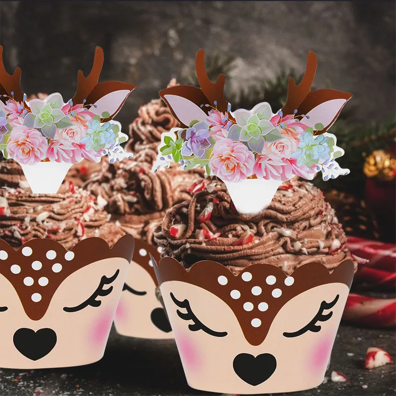 12/24 stücke Cartoon Sika Deer Cupcake Wrapper Geweih Papier Kuchen Topper Frohe Weihnachten Weihnachten Neue Jahr Geburtstag Party Dekoration – Detail 17