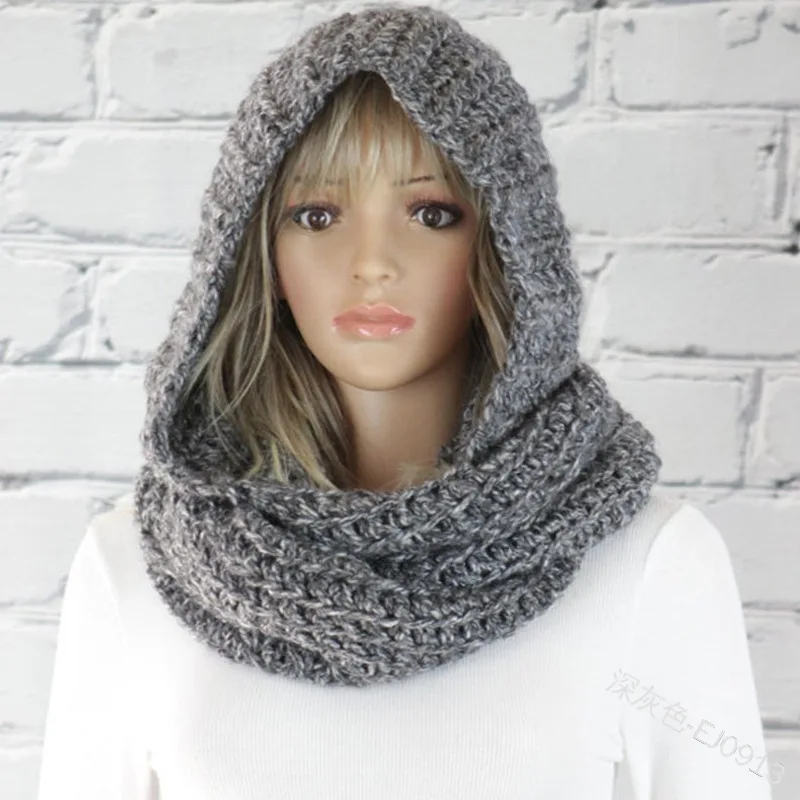 Solid Color Wool Hat Scarf Women Fashion Casual Knit Hooded Scarf Autumn Winter Warm Retro Scarf With Cap