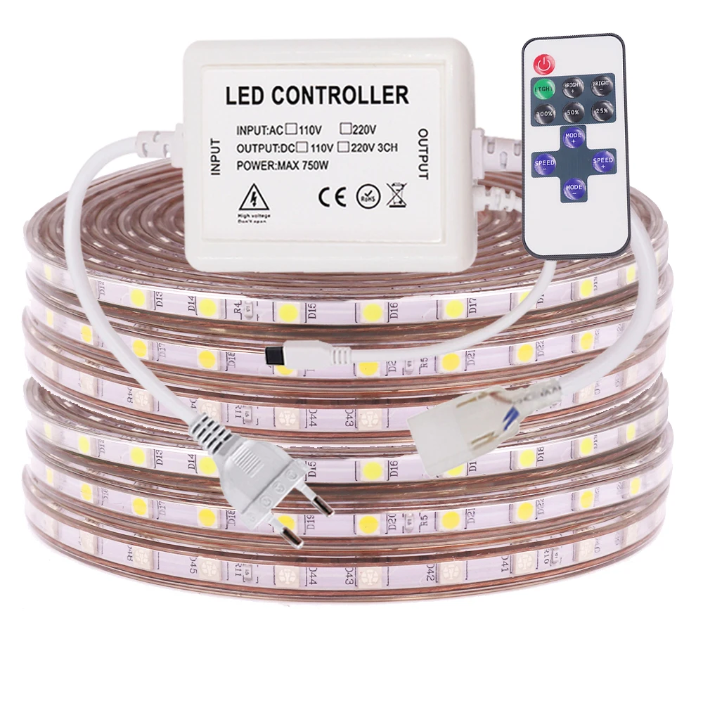 

Dimmable 5050 60Leds/m Led Strip Light 110V 220V Flexible Ribbon Tape Waterproof Stripe Light Diode Tape with EU/US/UK/AU Plug