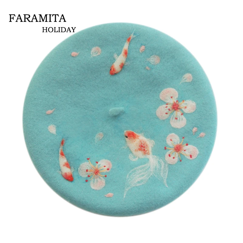 Faramita Holiday Sakura and Carp Wash Painting Style Women Beauty Wool Berets Kids Girls Painter Hats Handwork Headwear Beret