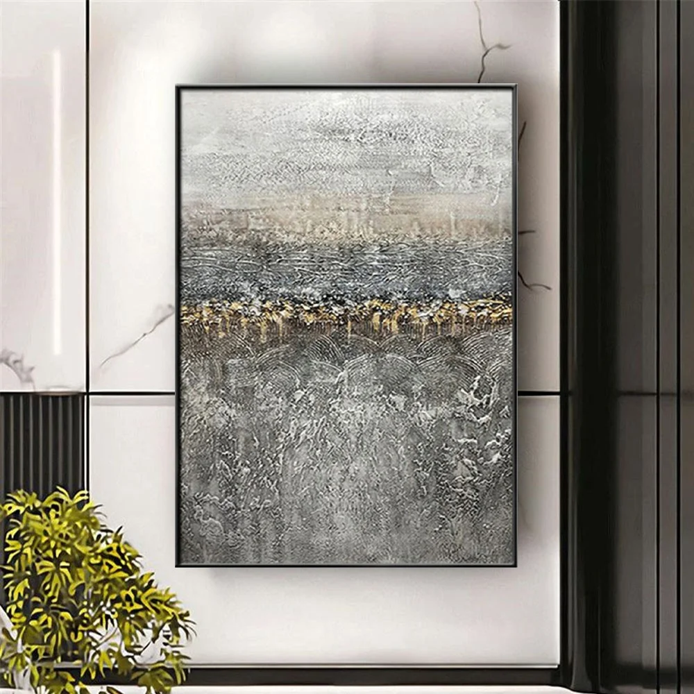 

Hand Painted Oil Paintings On Canvas Retro Gold Leaf Wall Art Modern Salon Wall Painting Gray Abstract Mural Modern Home Decor