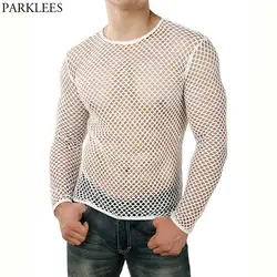 White Mesh See through Fishnet T-shirt Men 2021 Sexy New Long Sleeve Transparent Tee Shirt Homme Hip Hop Streetwear Camisetas