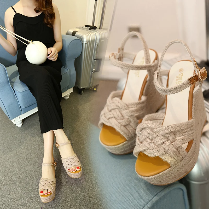 Summer Wedge Sandals Female New Straw Muffin Platform Platform Open Toe Heels Luxury Shoes Women Mujer Ankle Strap Rattan Grass