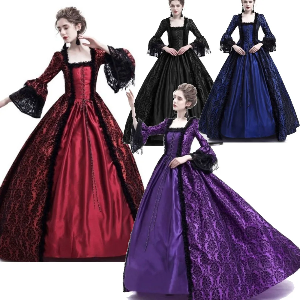 Women Retro Square Collar Victorian Nobleman Dress Vintage Lace Bandage Corset Dress Gothic Queen Palace Medieval Costume S-5XL