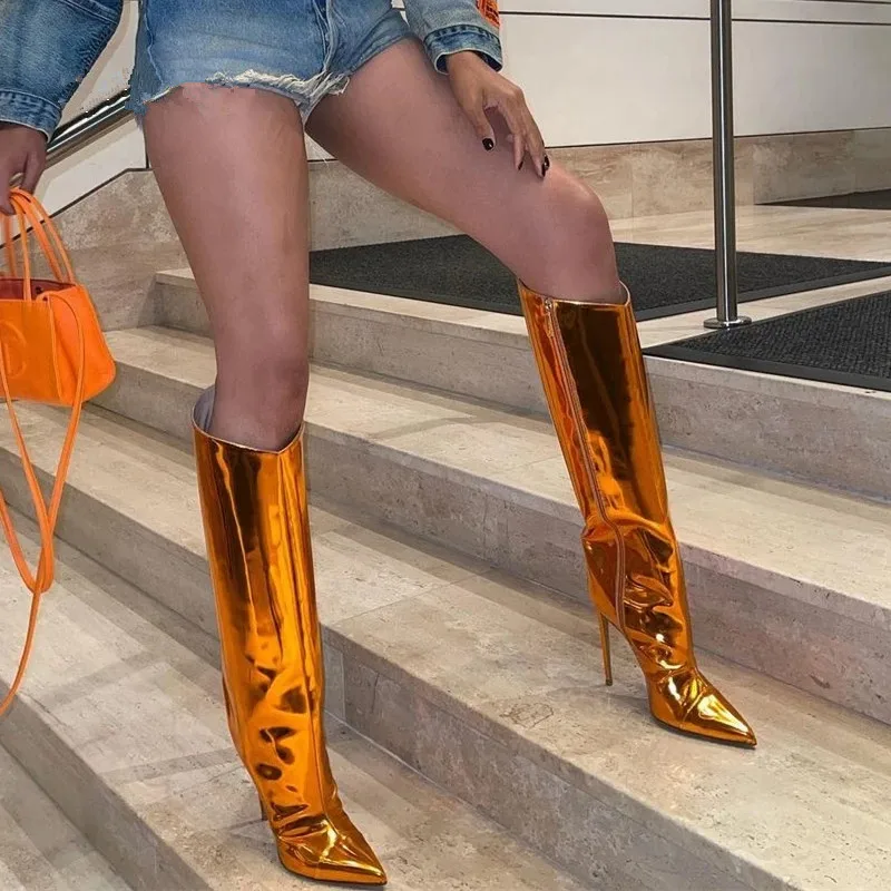 Metallic Leather Women Knee High Boots Stilettos Heels Pointed Toe Female Party Shoes Nightclub Reflective Long Boots Women 2024