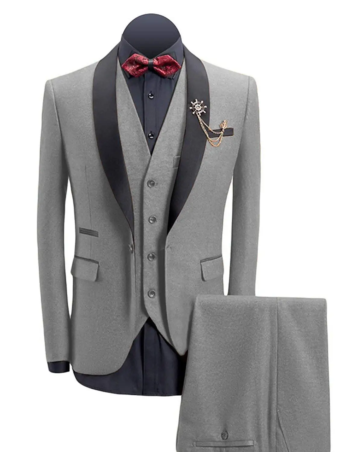 

New Men's 3-Pieces Suit Slim Fit Shawl Lapel Tweed Tuxedos Groomsmen For Wedding Grey Custom Size (Blazer+vest+Pants)