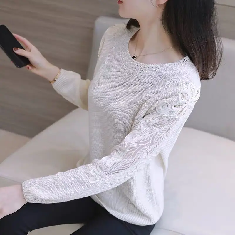 Large lace hollowed-out long-sleeved sweater autumn and winter new loose bottom shirt round collar sweater blouse