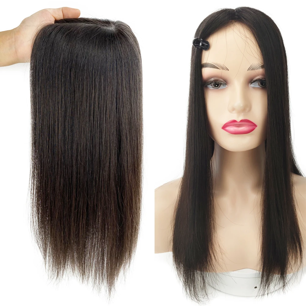 Virgin Chinese Human Hair Topper 13X12CM Natural Skin Base Silk Top Women Toupee with 4 Clips 5"x5" Same Length Hair Free Part