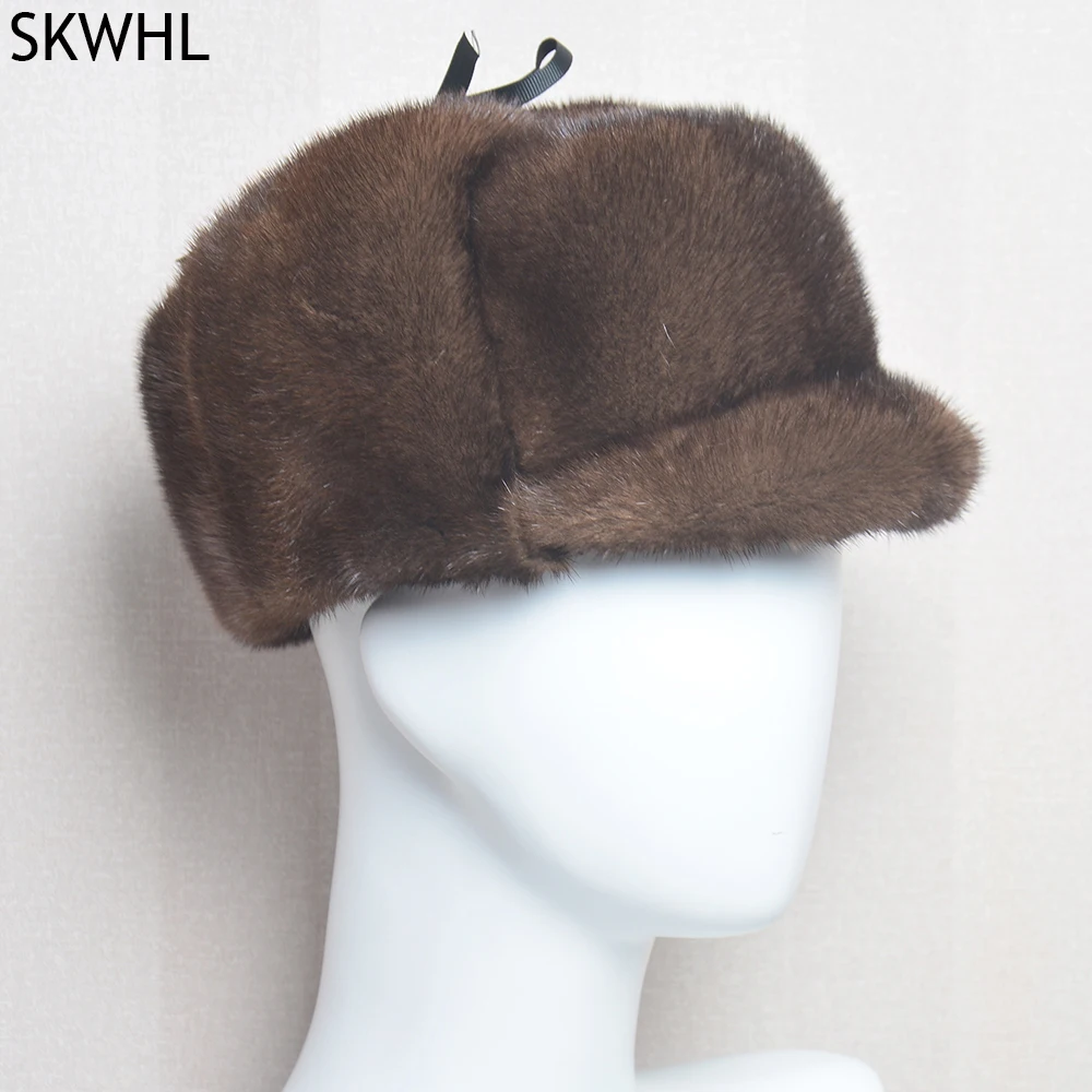 

Winter Thickened Genuine Mink Fur Bomber Hat For Man Black/Brown Tag Elderly Ear Warm Chapeau Motorcycle Russian Style Mink Caps