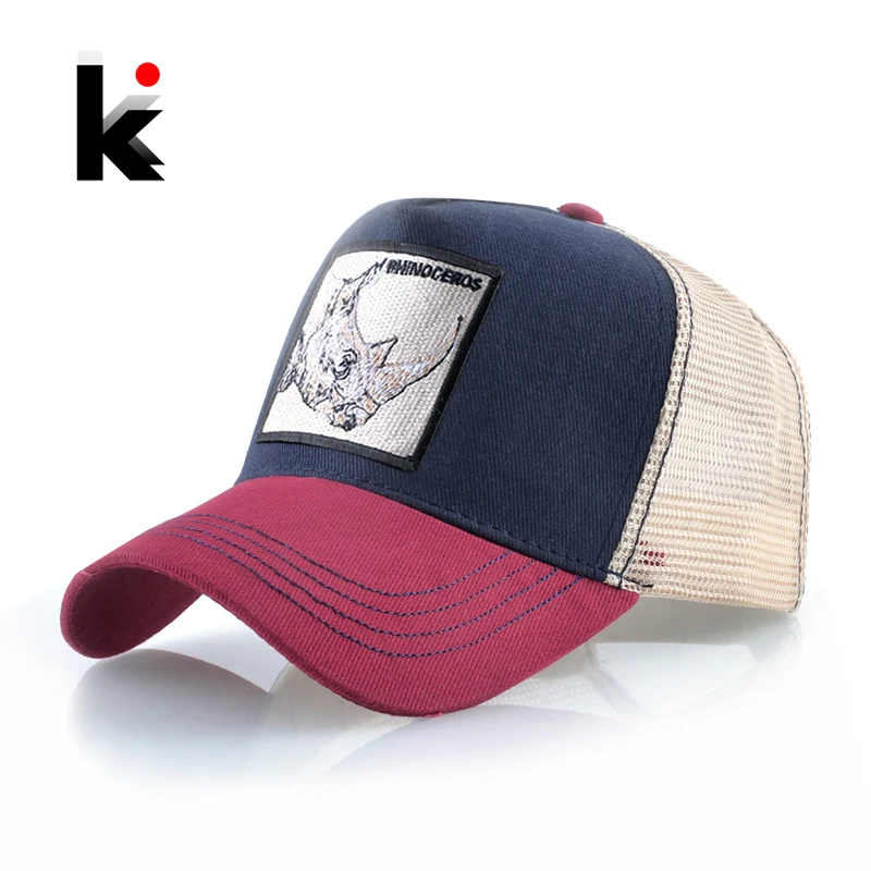 Fashion Mesh Baseball Cap With Rhinoceros Patch Men's Hip Hop Trucker Caps Women Outdoor Breathable Mesh Casquette Snapback Bone