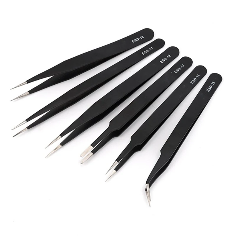 6Pcs ESD Antistatic Tweezers Set Stainless Steel Maintenance Kit Anti Static Hand Repair Tools Tip Curved Straight Tweezer