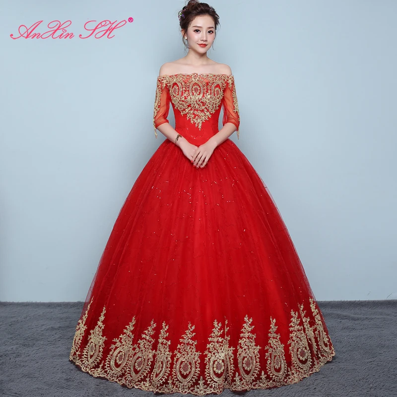 AnXin SH Flower princess golden red lace vintage boat neck illusion half sleeve party bride red customized wedding dress