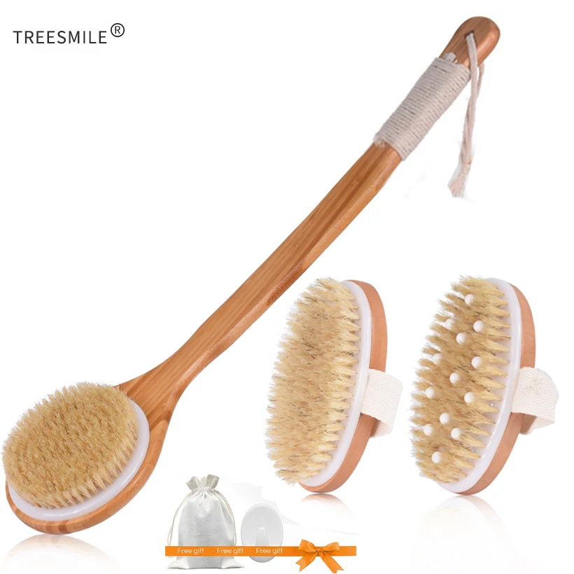 TREESMILE Natural Bristle Bath Brush Exfoliating Wooden Body Massage Shower Brush SPA Woman Man Skin Care Dry Body Brush D40