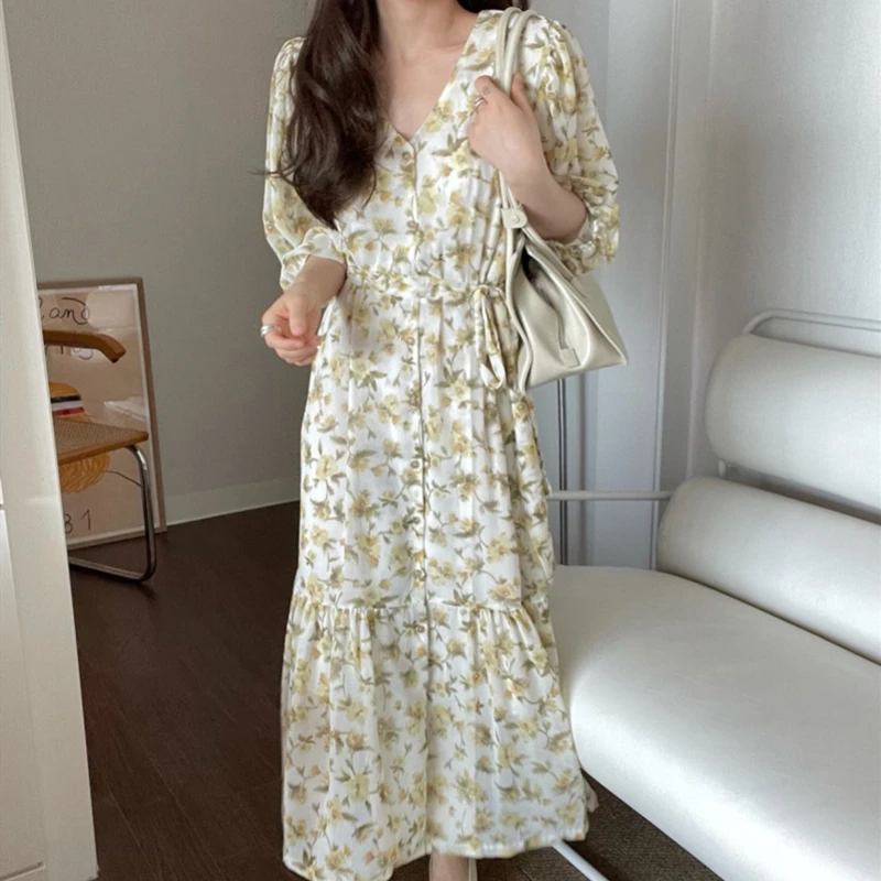 2022 New Women Summer Autunm Dresses Printed Floral High Waist Chiffon Lace Up Vintage Korean Elegant Lady Long Dresses DR3362