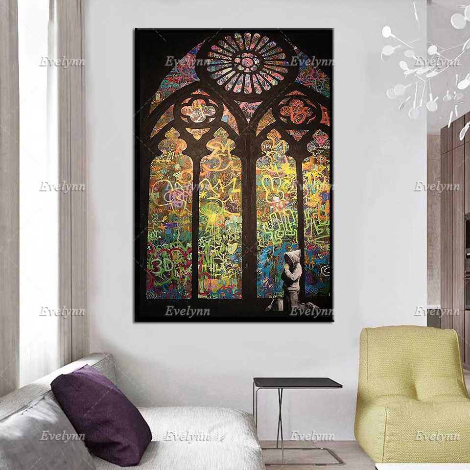 Banksy Canvas Print Poster- Banksy Kirchenfenster Canvas Wall Art - Graffiti Art Canvas - Church Boy Praying Home Decoration