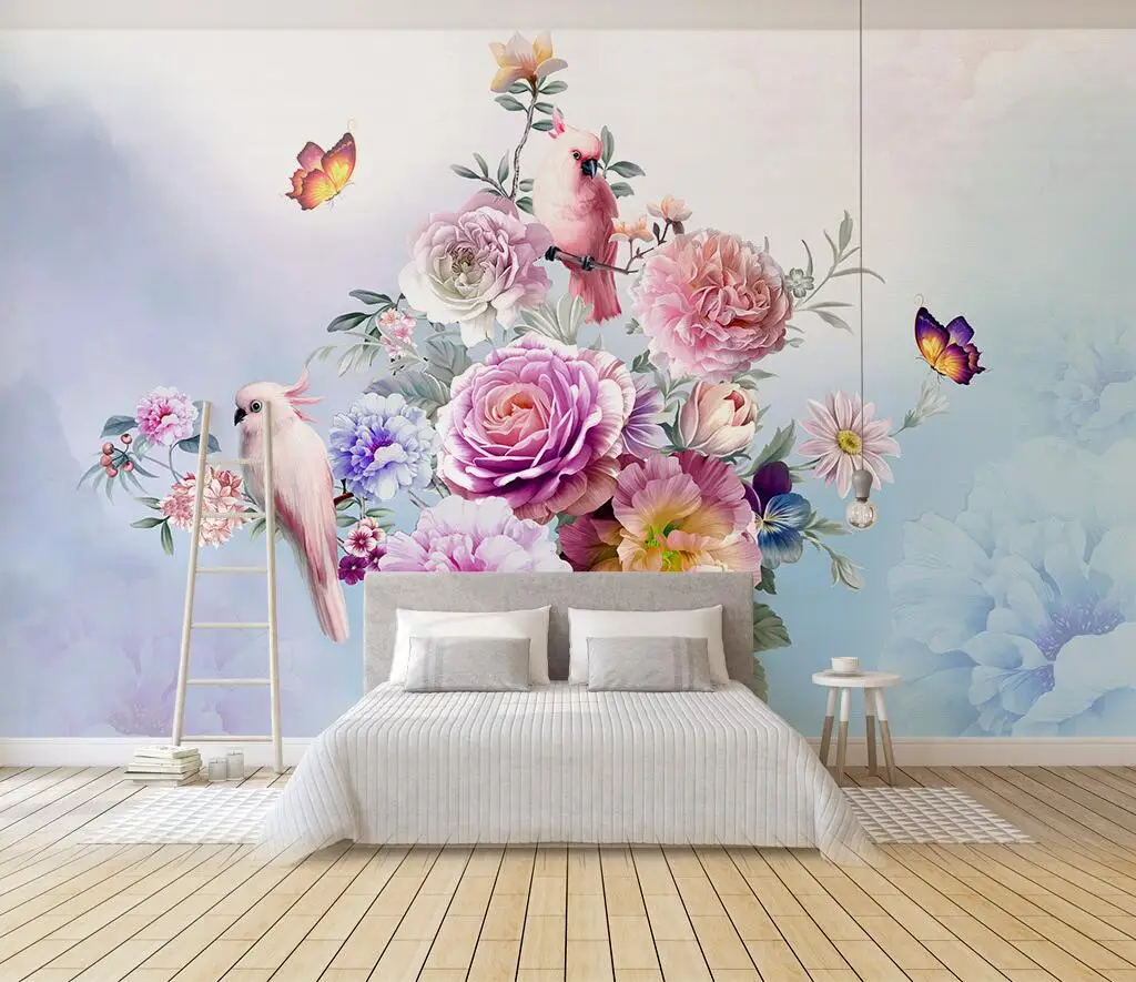 beibehang custom Retro rose flower parrot  Mural Wallpaper Photo Wall Painting Living Room Bathroom Wall Sticker TV background