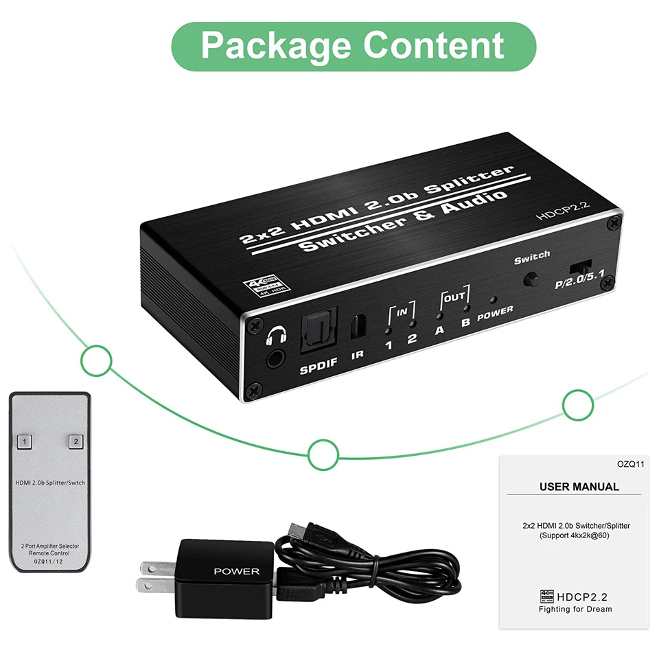 2020 4K HDMI 2.0 Công Tắc 2 Trong 2 4K @ 60Hz, 2X2 HDMI Switcher Bộ Chia Với Quang Học Toslink SPDIF & 3.5Mm Jack Âm Thanh Máy Hút