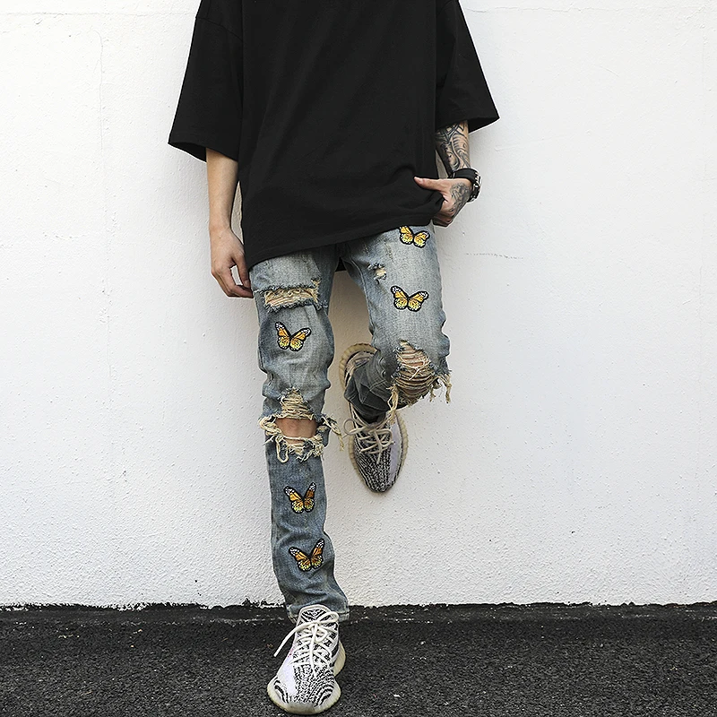 High street Butterfly Embroidery Knee Ripped Hole Jeans Mens casual Hip Hop Distressed Jeans Slim Fit Skinny Denim Pants Joggers