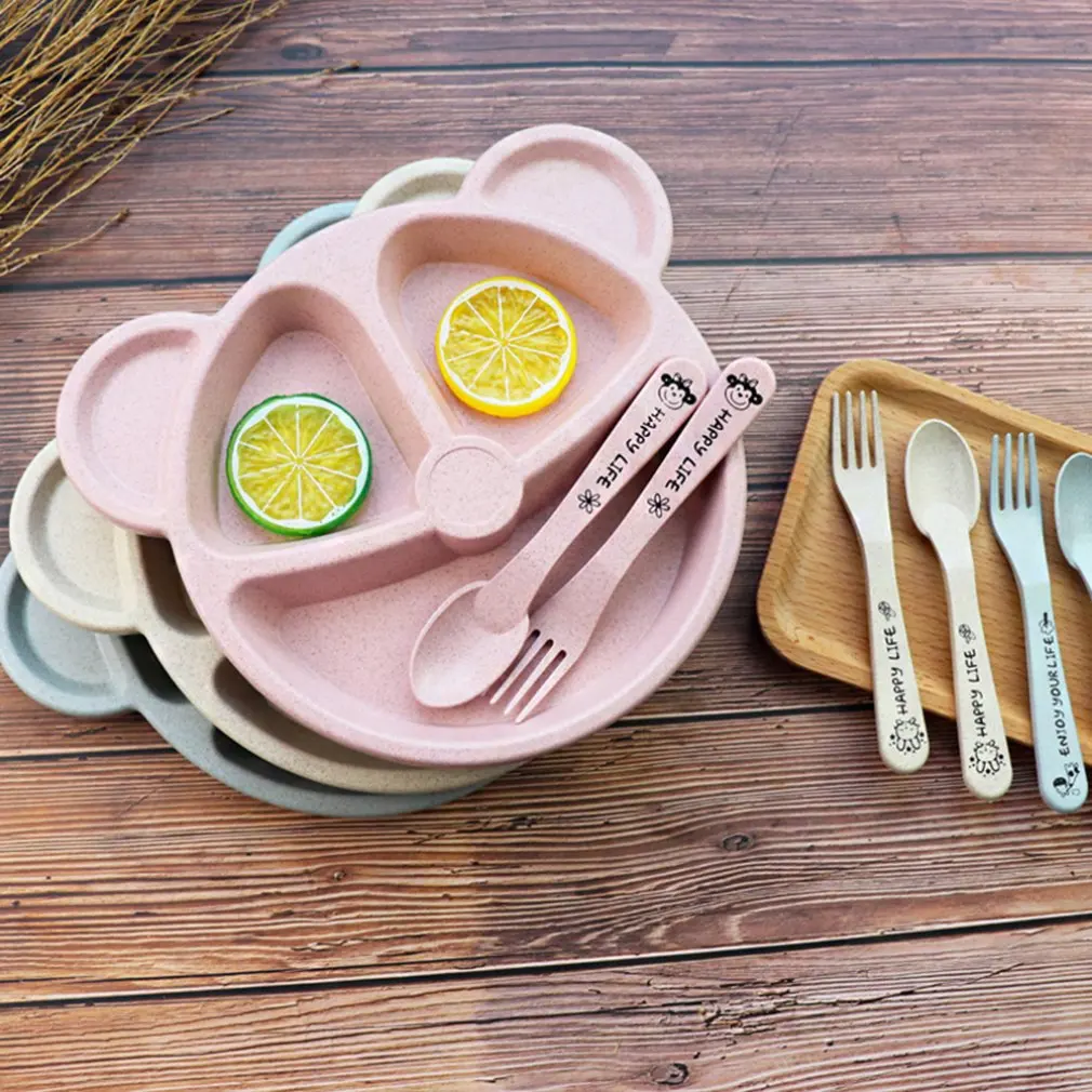 1Set Kids Plate Set Bowl+spoon+fork Feeding Food Tableware Set Cartoon Bear Kids Dinnerware Anti-hot Wheat Straw For Children