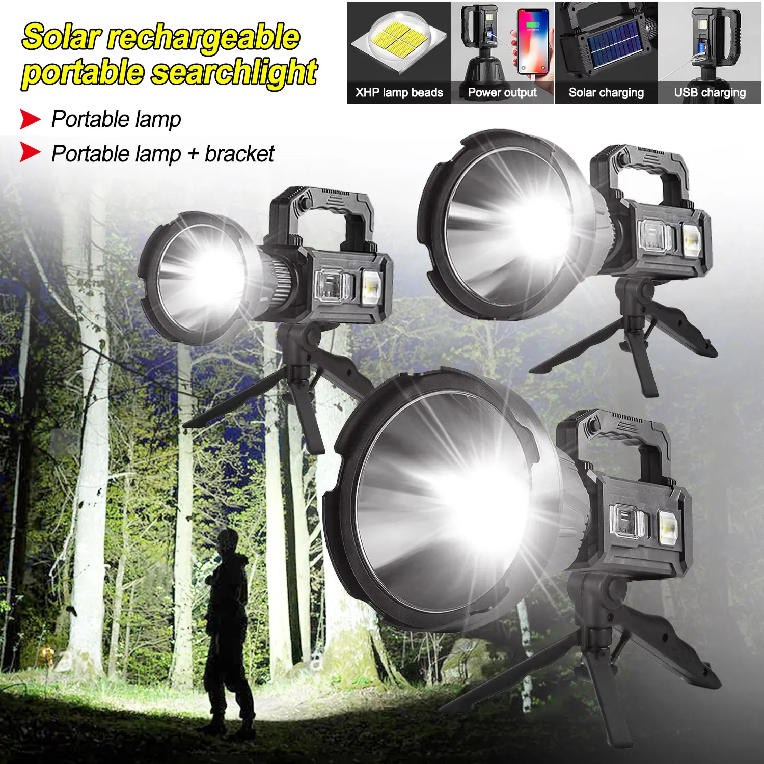 Imagem -04 - Super Brilhante Solar Led Holofote Usb Tipo-c Recarregável Luz de Trabalho Modos Polícia Patrulha Lanterna Acampamento ao ar Livre Tocha