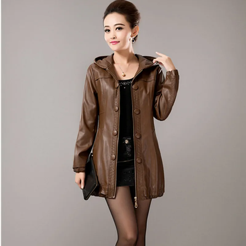 UHYTGF 5XL Big size leather jacket women Mid-length casual 5XL Big size coat solid color wild Hooded autumn leather jacket 805