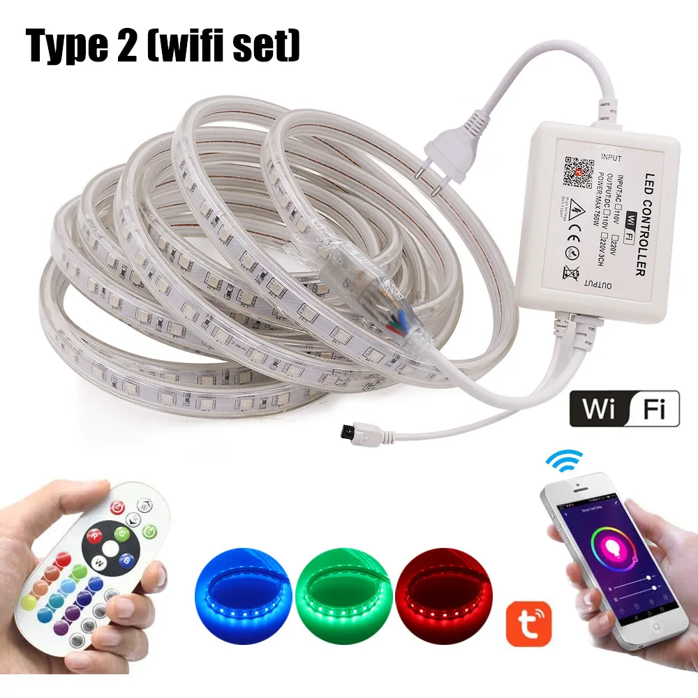 5050 RGB Led Strip Light EU 220V 240V Waterproof WIFI Bluetooth Control White/Warm White 60Leds/m Flexible LED Tape Lamp 1-20M