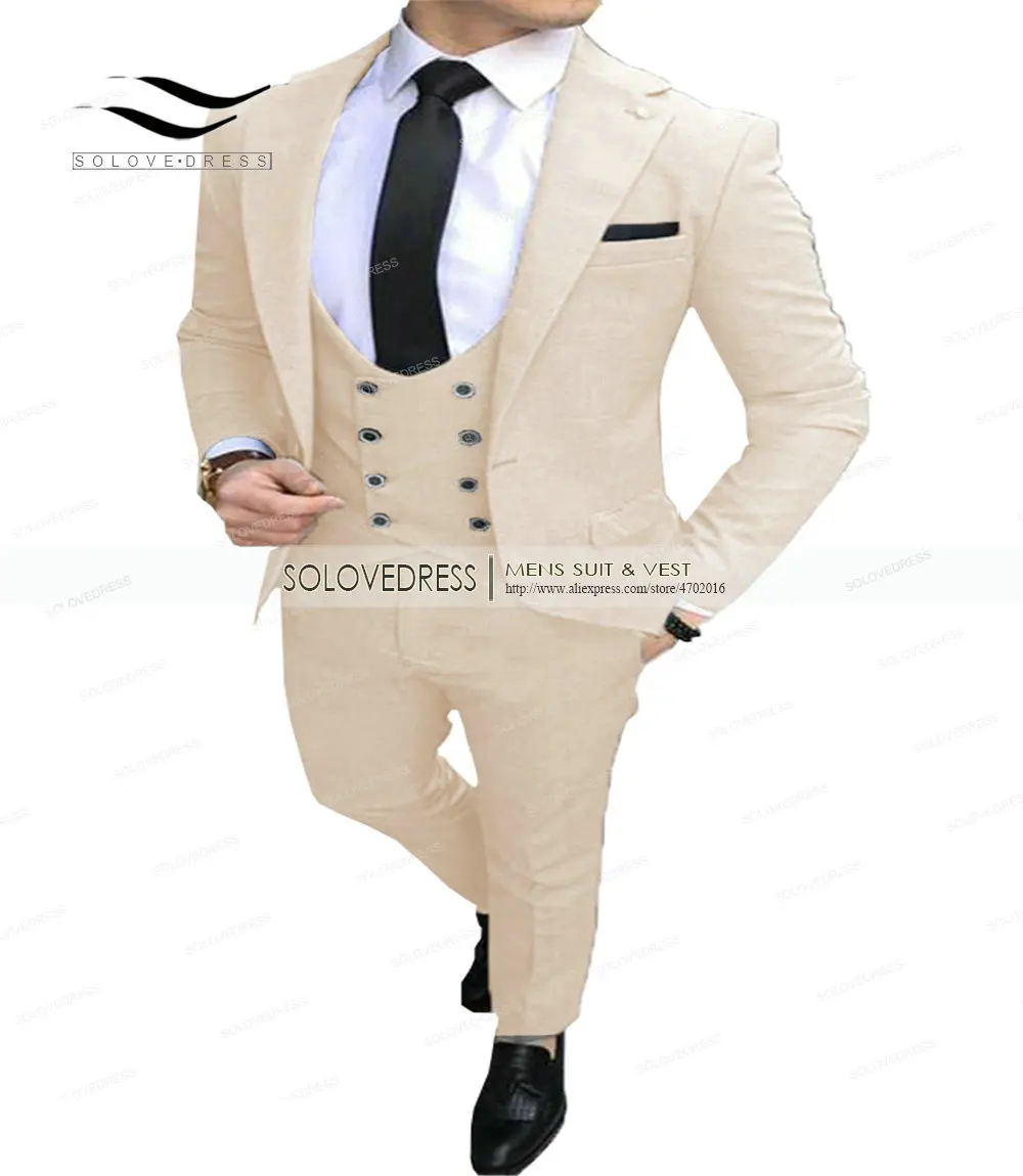 

Men's Beige Business Suits 3 Pieces Regular Fit Notch Lapel Prom Blue Double Green Tuxedos For Wedding Groom (Blazer+Pants+Vest)