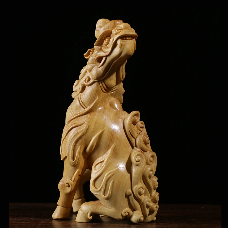 Miniature Boxwood Sculpture of Seated Qilin - Fine Carved Dragon’s Descendant Ornament for Display