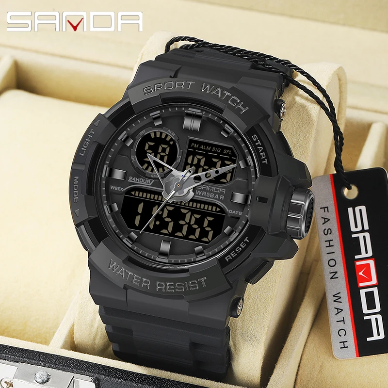 SANDA 6025 Sport Watch 5Bar Waterproof Dual Display Wristwatches Relogio Masculino watch Sport Men Military Digital Watches