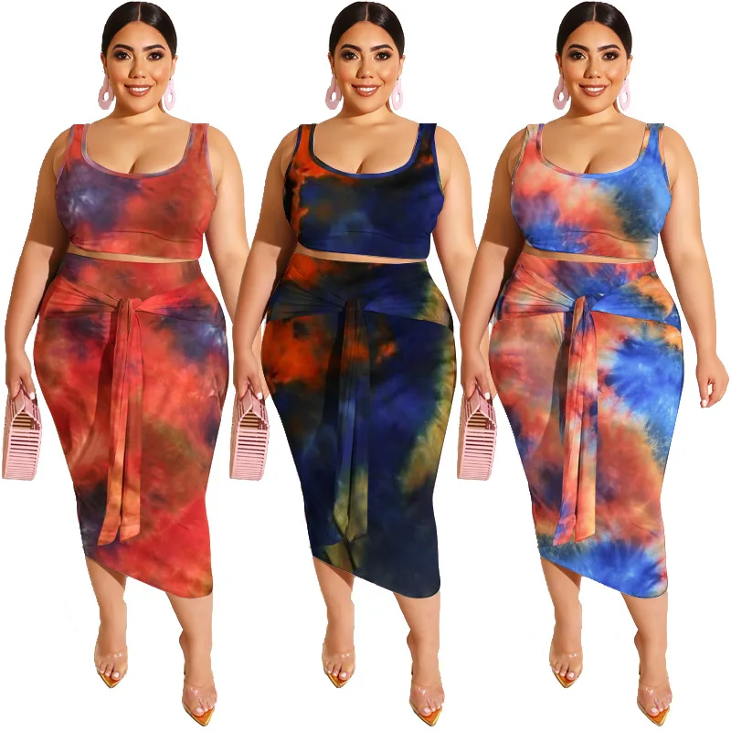 

Tie-dyed Printed Tight Hip Two-piece Sets Plus Size XL-5XL Women's Sleeveless Sweater Fitting Long Club Dress Bulk Whole Items