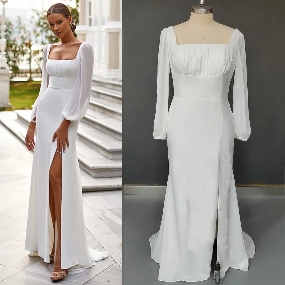 Vestido de novia minimalista de gasa con cuello cuadrado, ropa de novia con cremallera, Espalda descubierta, manga larga, abertura alta, hecho a medida, talla grande