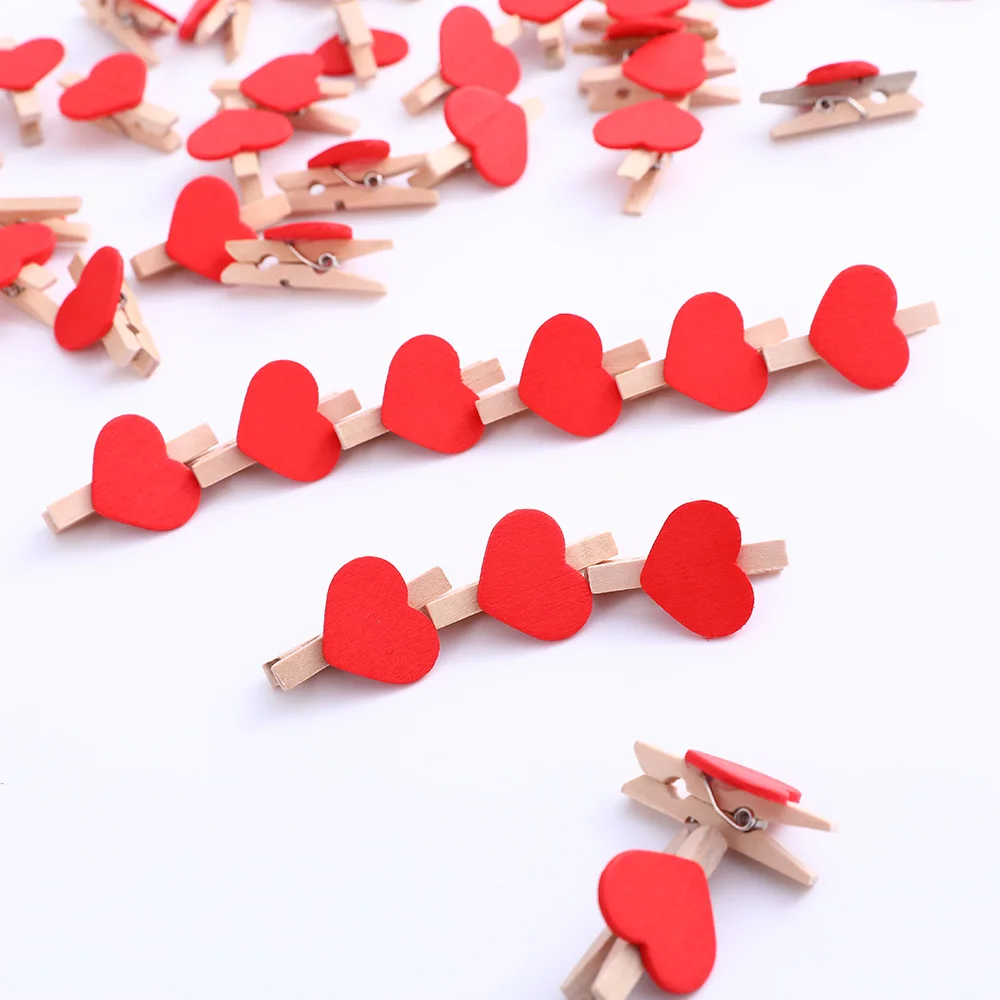 50Pcs Mix Mini Red Heart Wooden Love Clips Photo-Paper Postcard Clips Valentines Wedding Home Decorations Party Supplies Decors