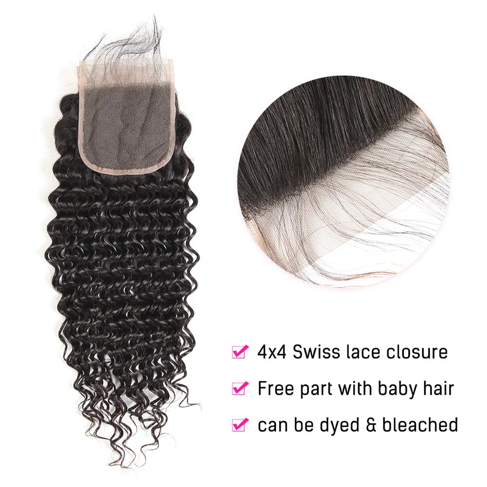 Brazilian Deep Wave Bundles With Closure Non-Remy Human Hair 3 and 4 Bundles With Lace Closure Queen Mary Human Hair Extensions