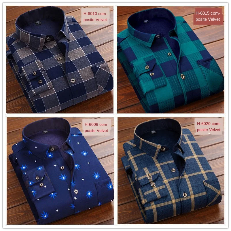 Winter Thick Velvet Dress Shirt For Men thermo Casual Long Sleeve Plaid Warm Fleece Lining Shirts Soft Flannel Size L-6XL