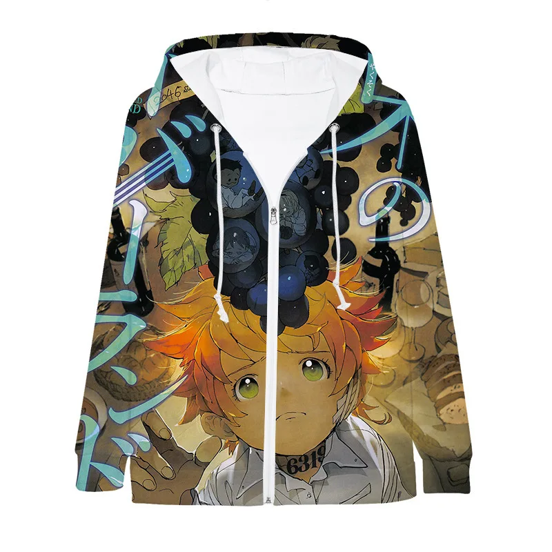 Sudadera con capucha con cremallera de The Promised Neverland para hombre y mujer, chaqueta cárdigan informal holgada y cálida de poliéster con