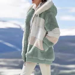 2021 inverno casaco feminino moda casual costura xadrez senhoras roupas com capuz zíper senhoras casaco cashmere