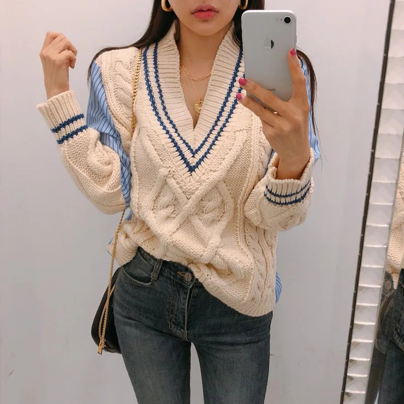 Wanita Kebesaran Pullover Sweater Patchwork V-Leher Lengan Panjang Longgar Rajutan Pullover Sweater Musim Gugur Musim Semi 2021