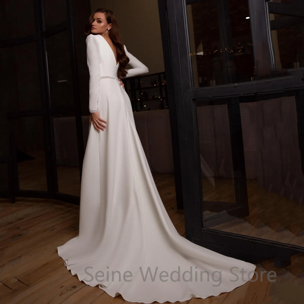 Modest Langen Ärmeln EINE Linie Hochzeit Kleid frauen O Neck Plain Spitze Jersey Gericht Zug Zurück V Braut Kleider