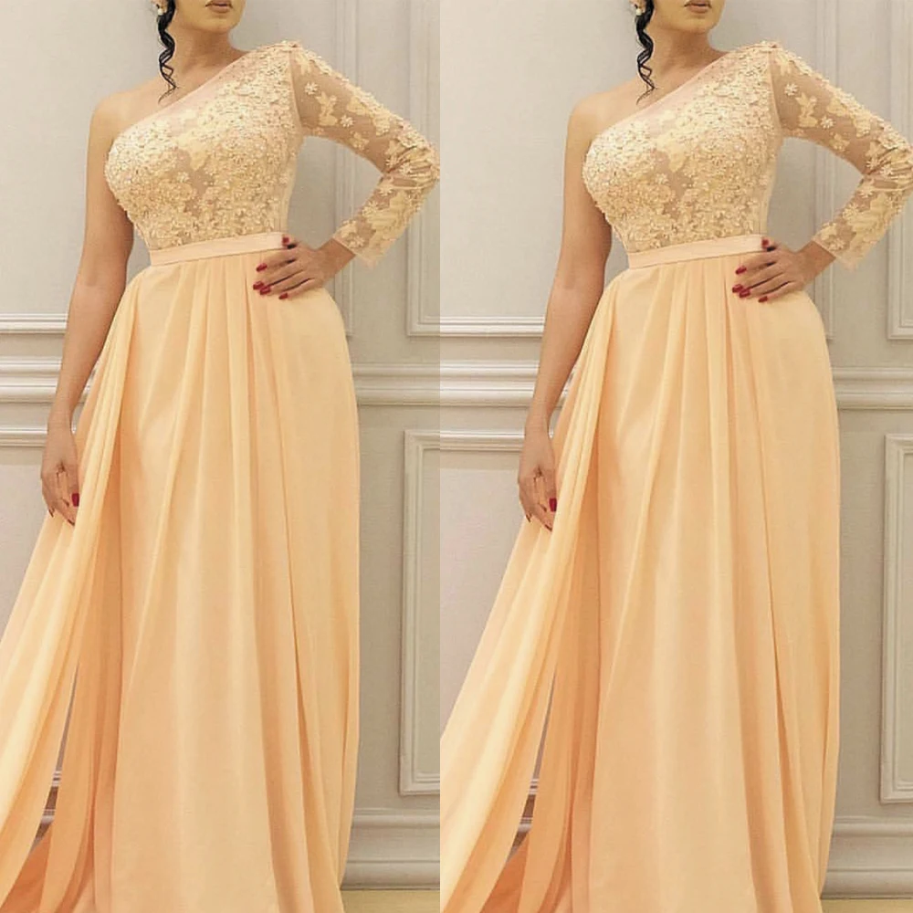 SuperKimJo One Shoulder Prom Dresses Long Sleeve Lace Applique Beaded Peach Elegant Cheap Prom Gown Vestido Formatura