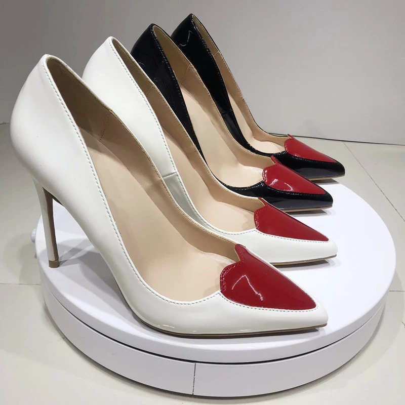 Tikicup Red Love Heart Patchwork Women White Patent Pointy Stiletto High Heels Ladies Chic Slip on Pumps Fashion Dress Shoes