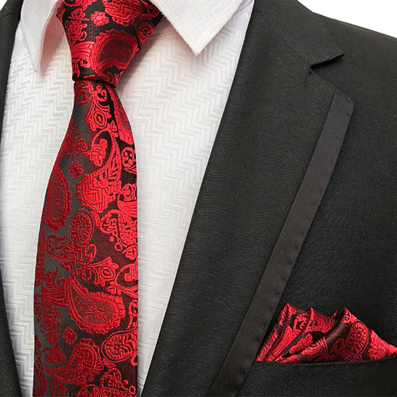 GUSLESON   Fashion 8cm Silk Print Necktie Pocket Square Set Black Yellow For Men`s  Business Wedding Party Gift Formal occasion