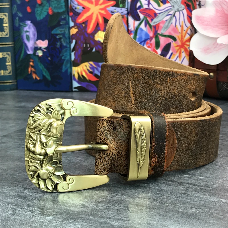 Men Belt Genuine Leather Vintage Brass Skull Belt Buckle Men Leather Belt Ceinture long Waist Belt Cinturon Mujer Riem MBT0114