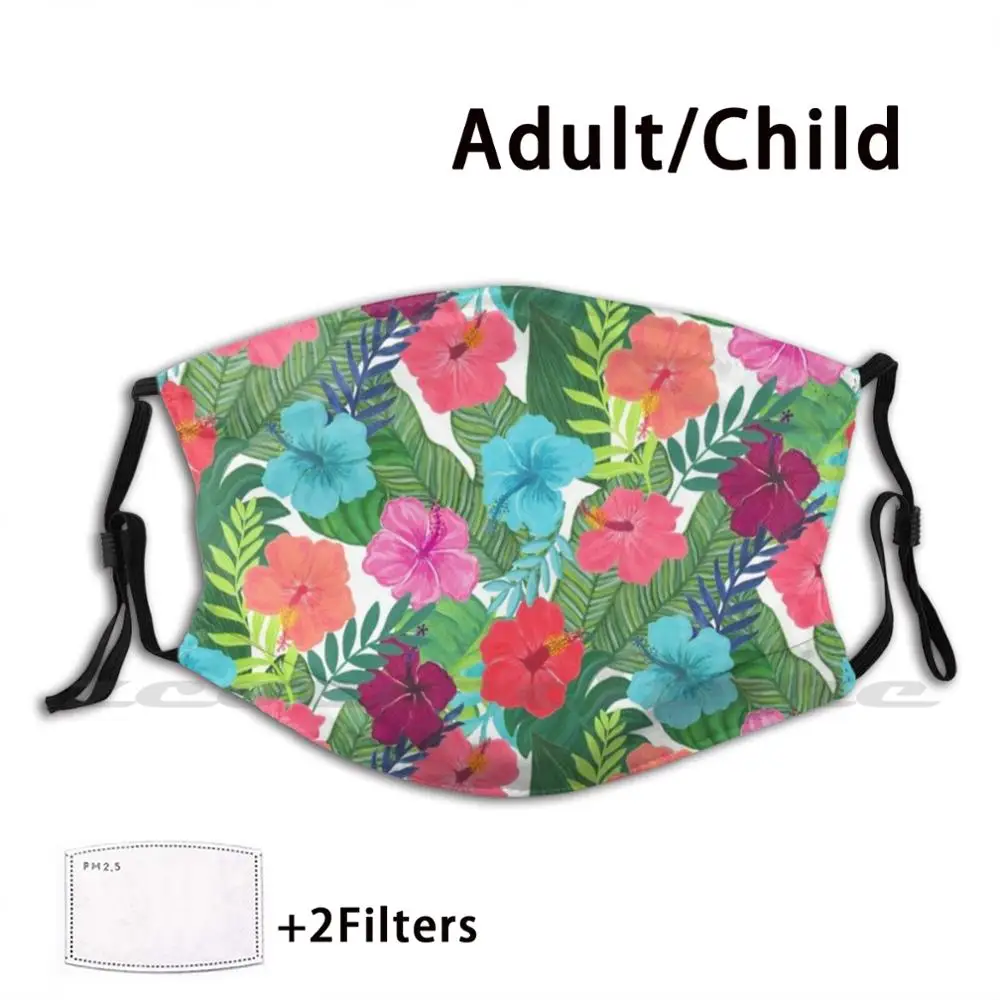 Tropical Flowers Mask Cloth Reusable Print Filter Washable Tropical Flowers Hibiscus Banana Leaves Watercolor